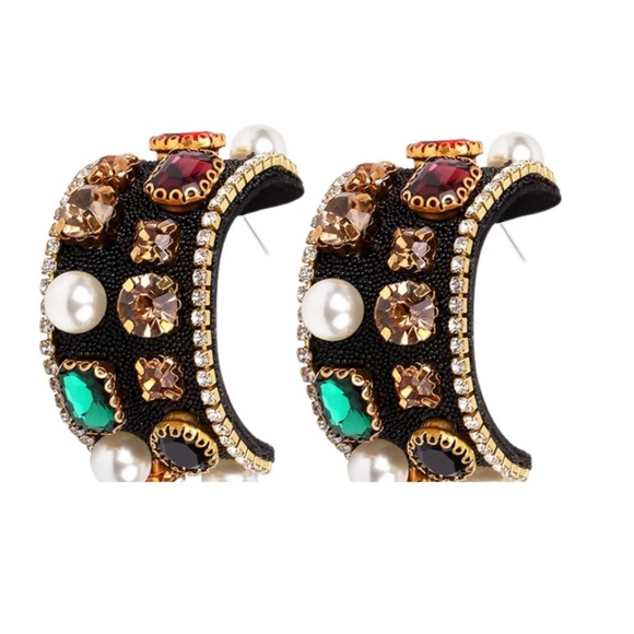 2/$30🌵 Bejeweled Thick Black Hoop Earrings Rhinestone Faux Pearl Royalty NEW - Picture 11 of 16